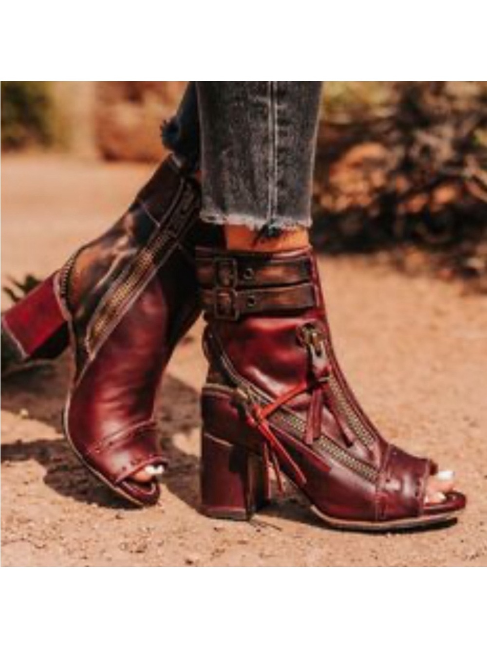 Freebird by Steven Burgundy Open-Toe Buckle Ankle Boots
